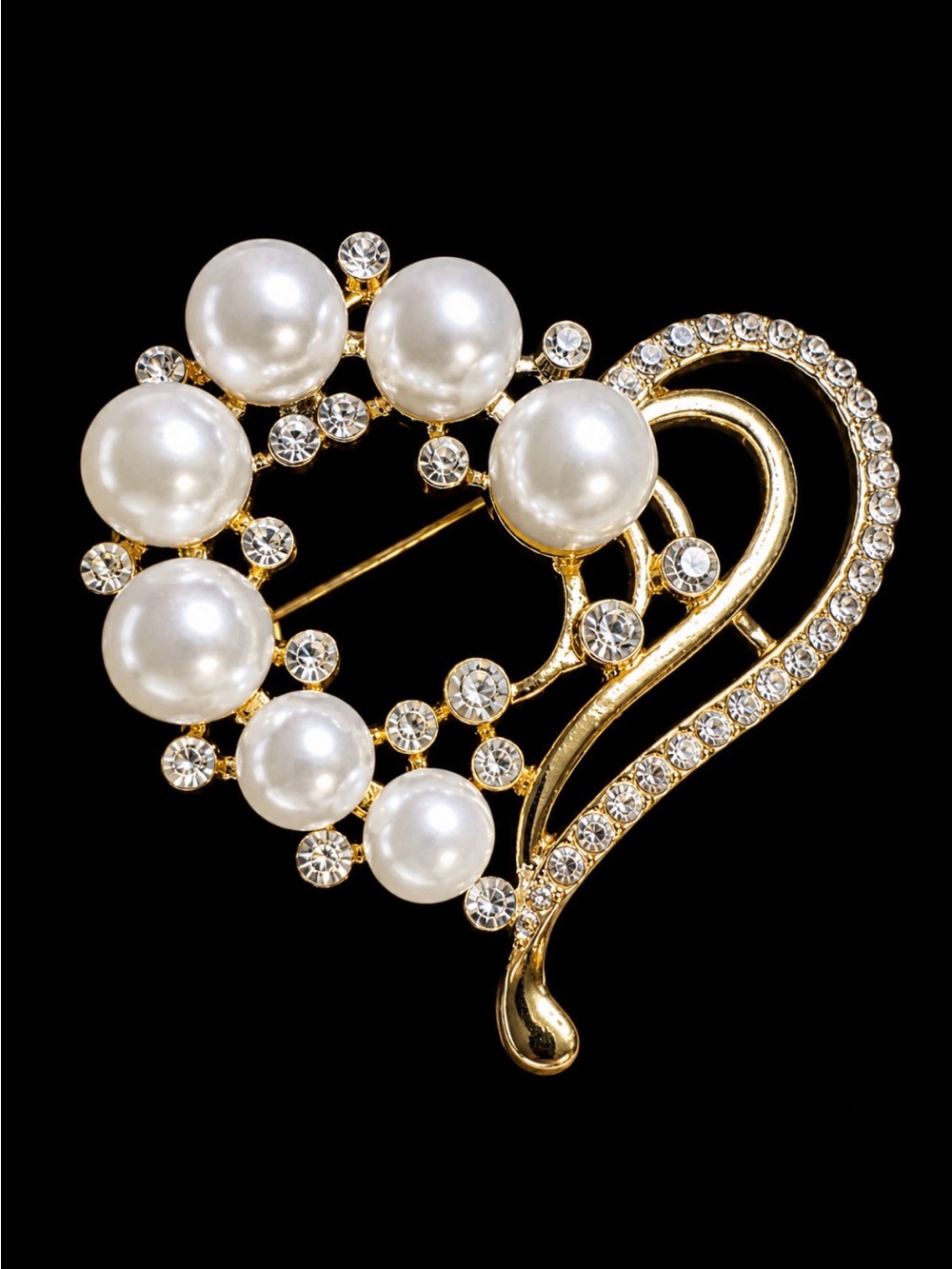 Elegant Gold-Tone Heart Pearl & Crystal Brooch - White Pearls